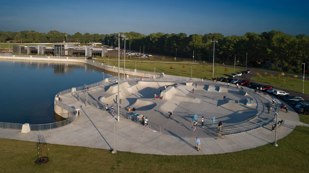 Aerial view of the Raleigh Town Center lake and skate park