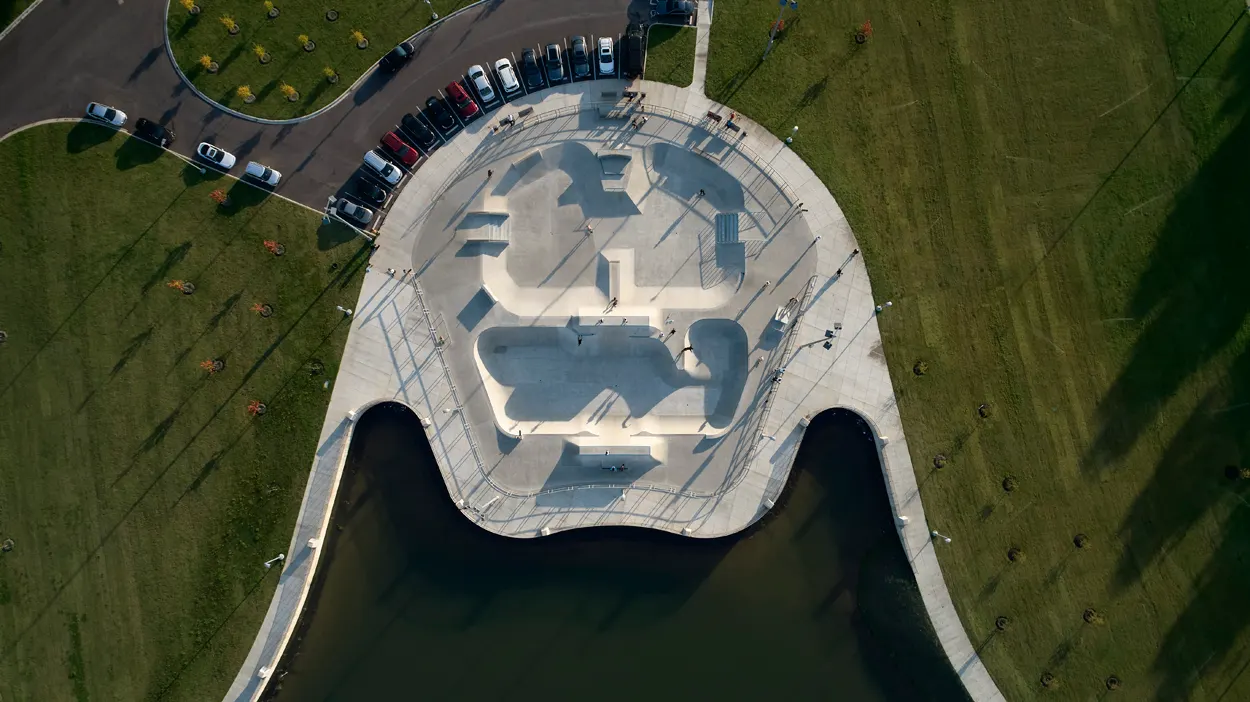 The skate park from above, set into the lake's edge