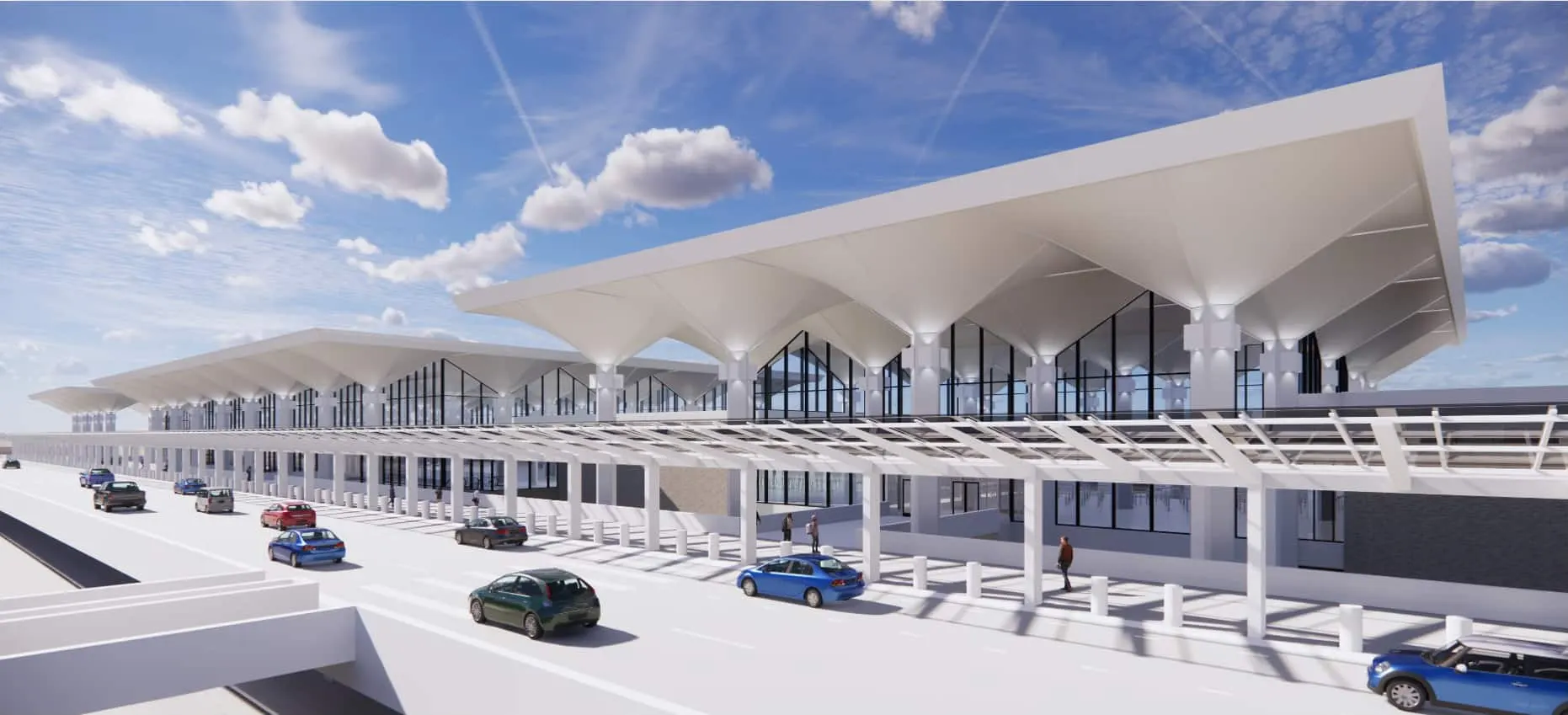 Rendering of the terminal frontage and canopy from the approach road