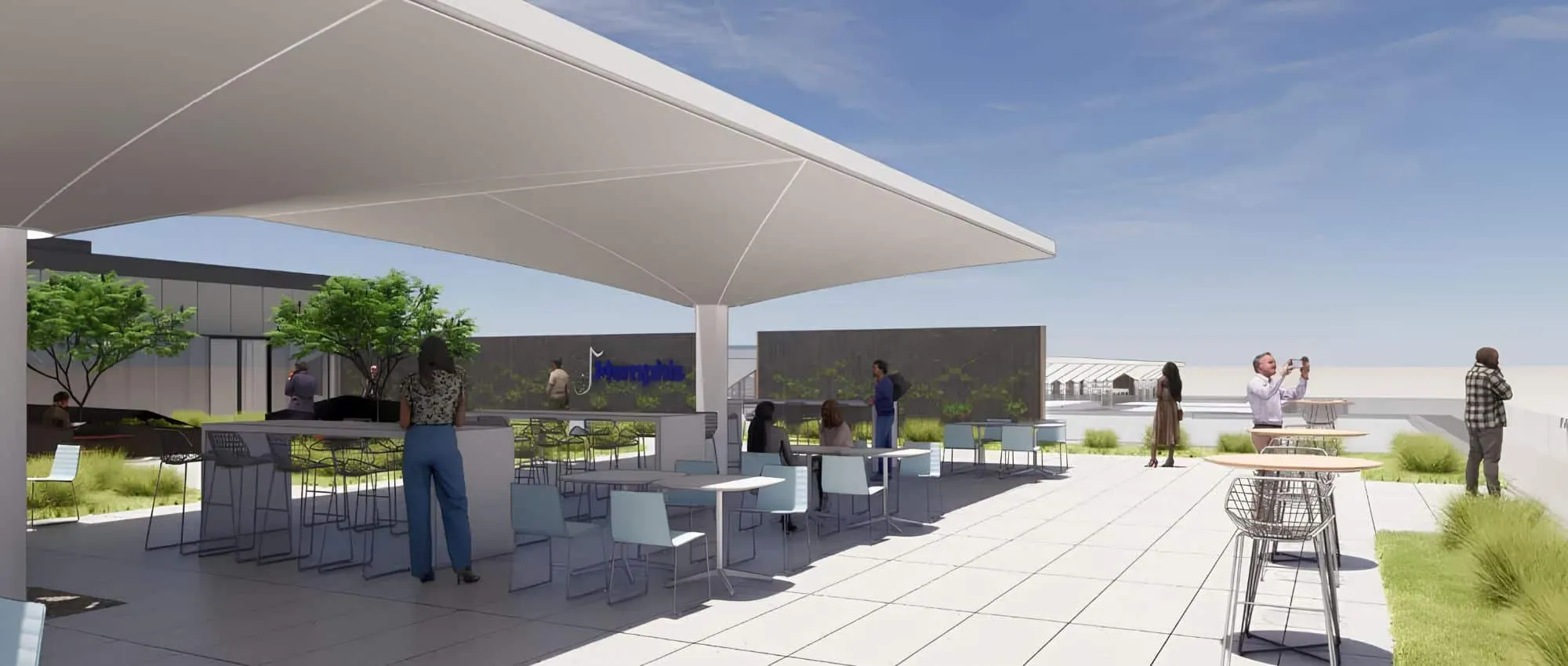 Rendering of a rooftop terrace with seating under a canopy