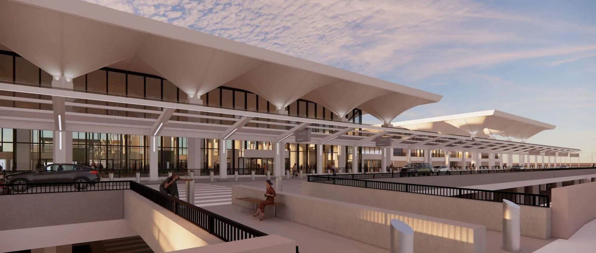 Rendering of the canopy over the departures level at dusk