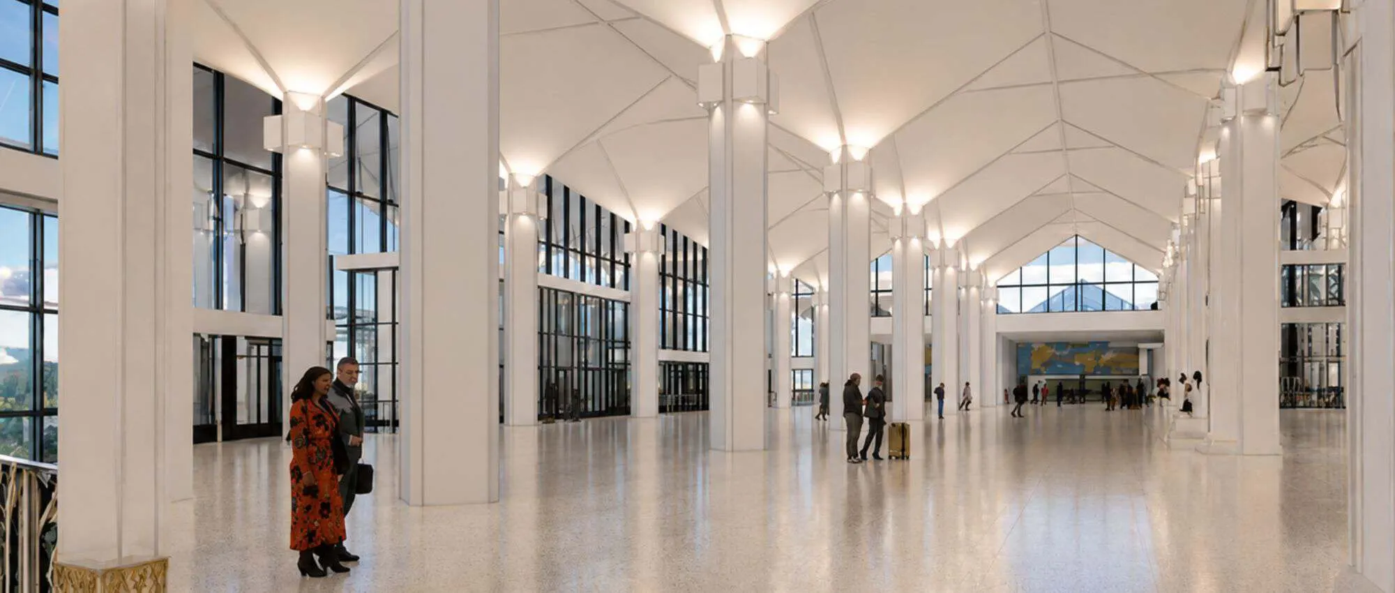 Rendering of the ticketing hall under white vaulted columns