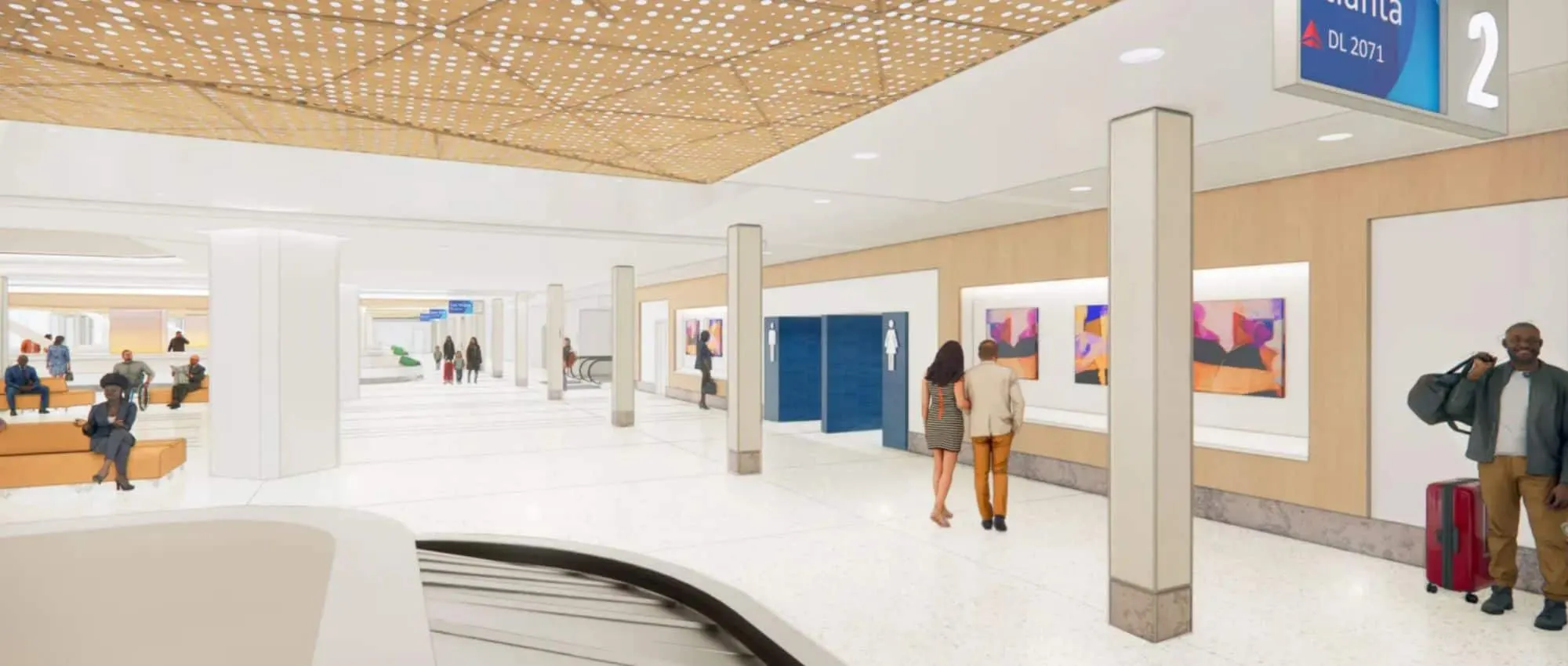 Rendering of a hall with a timber slat ceiling and art along the wall