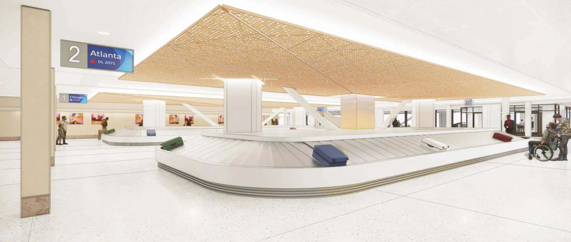 Rendering of a baggage carousel under a timber ceiling