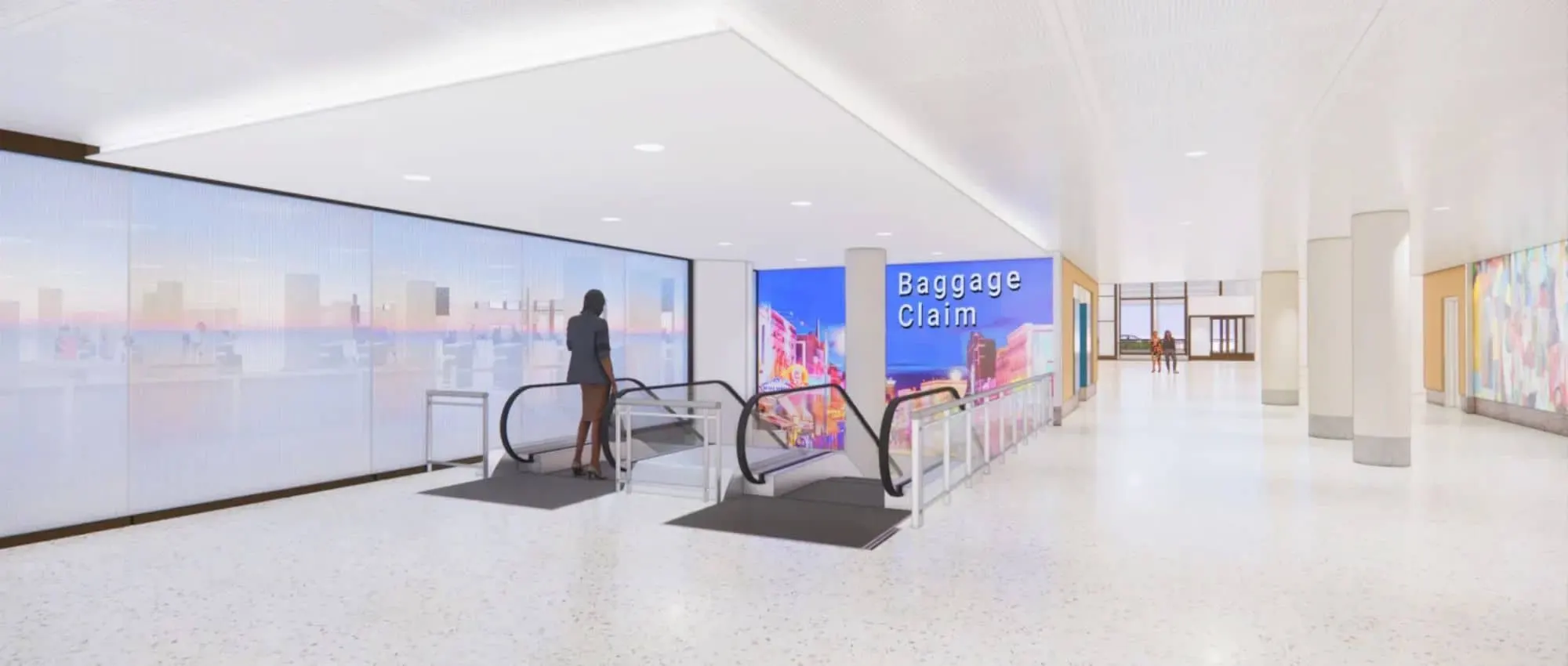 Rendering of an escalator hall with a large digital display