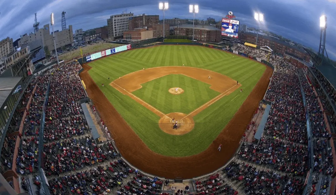 Wide view over the ballpark from the upper deck