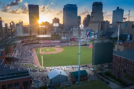 The ballpark and downtown skyline at sunset