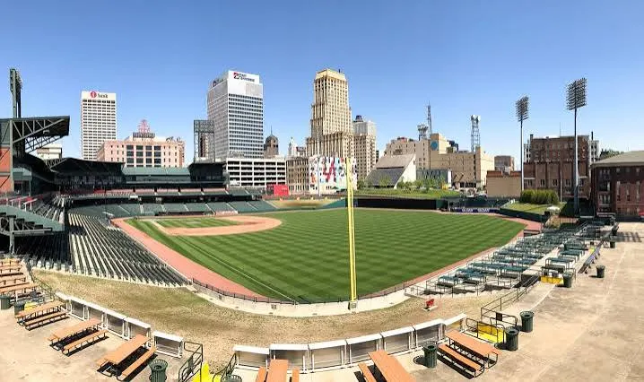 The ballpark from the concourse, downtown towers beyond