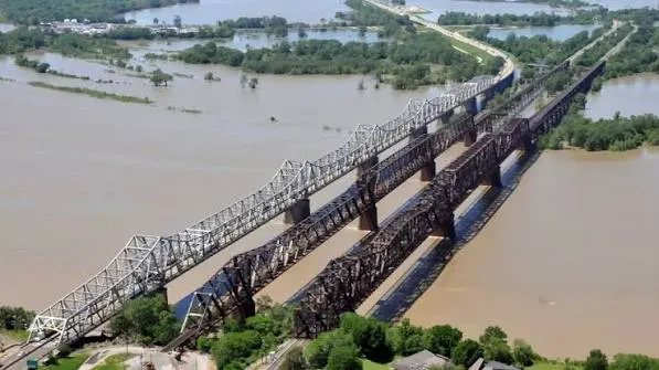 Aerial view of the Harahan and neighboring bridges over the high river