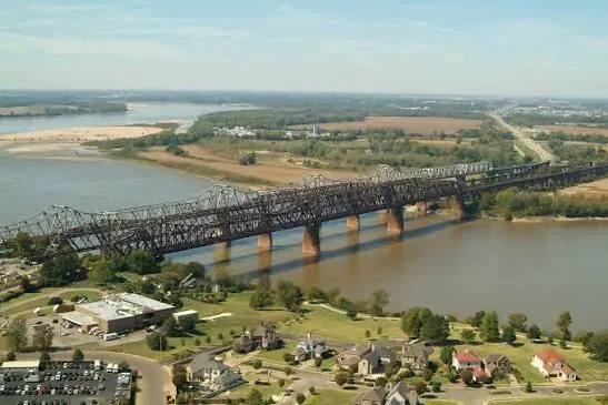 Aerial view of the bridge crossing toward the Arkansas shore
