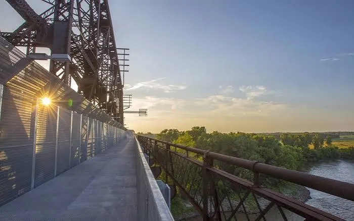 The boardwalk along the steel truss at sunset