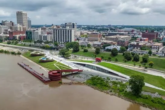 Aerial view of the landing and its floating dock on the Mississippi