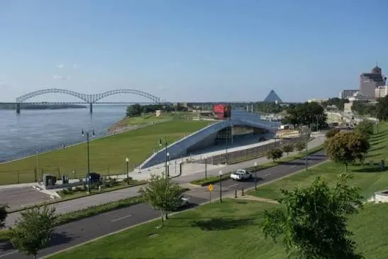 The landing's green roof and plaza, the Hernando de Soto Bridge beyond