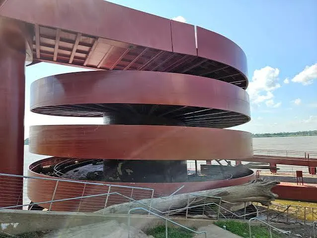 The red spiral ramps down to the dock