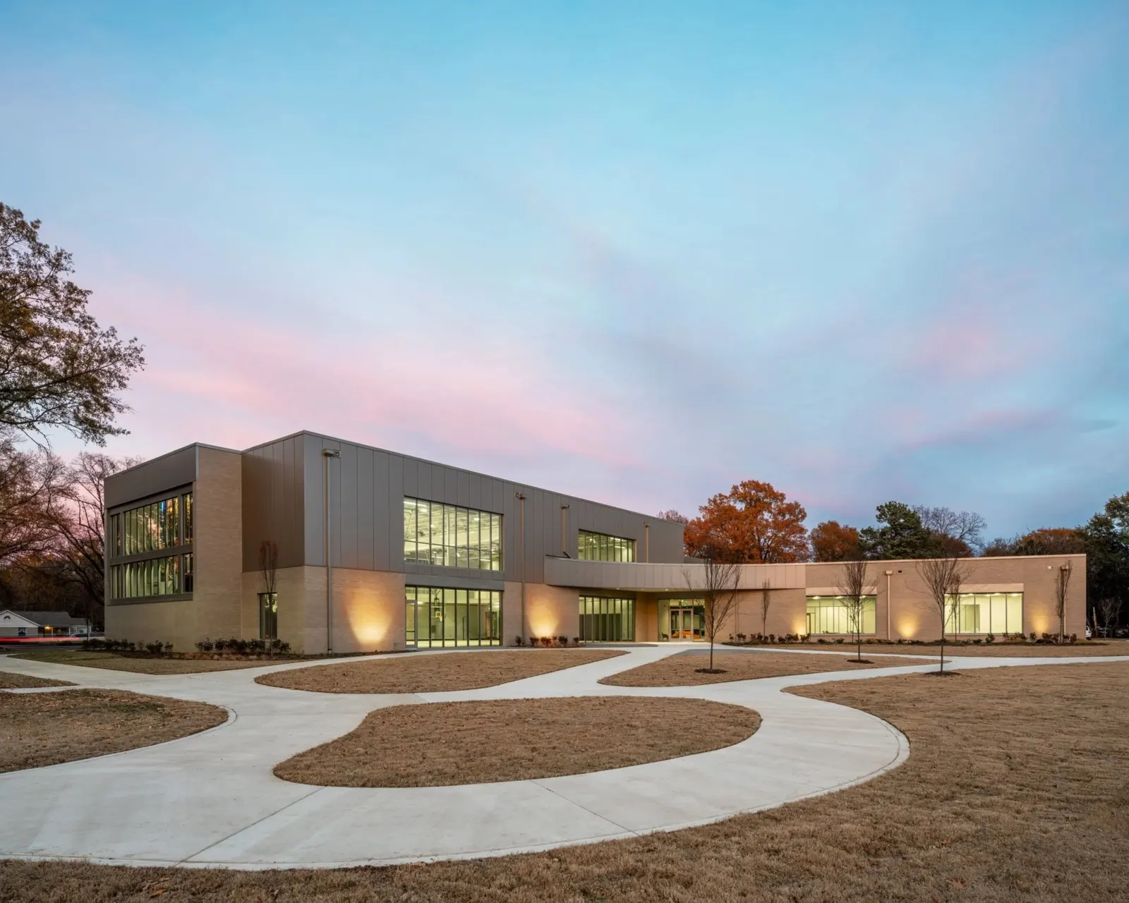 The center across the new walking paths at sunset