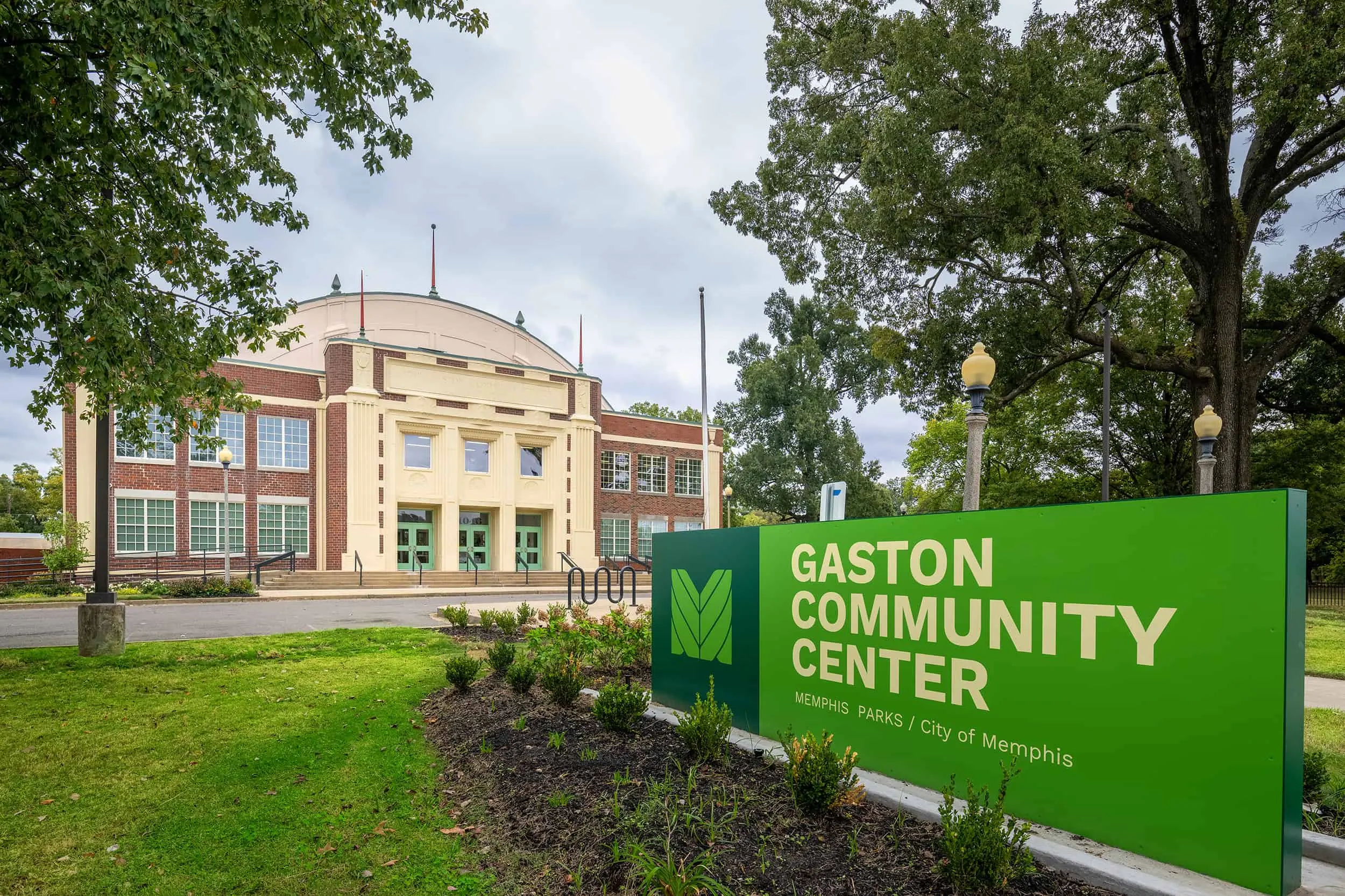 The new Gaston Community Center sign in front of the domed building