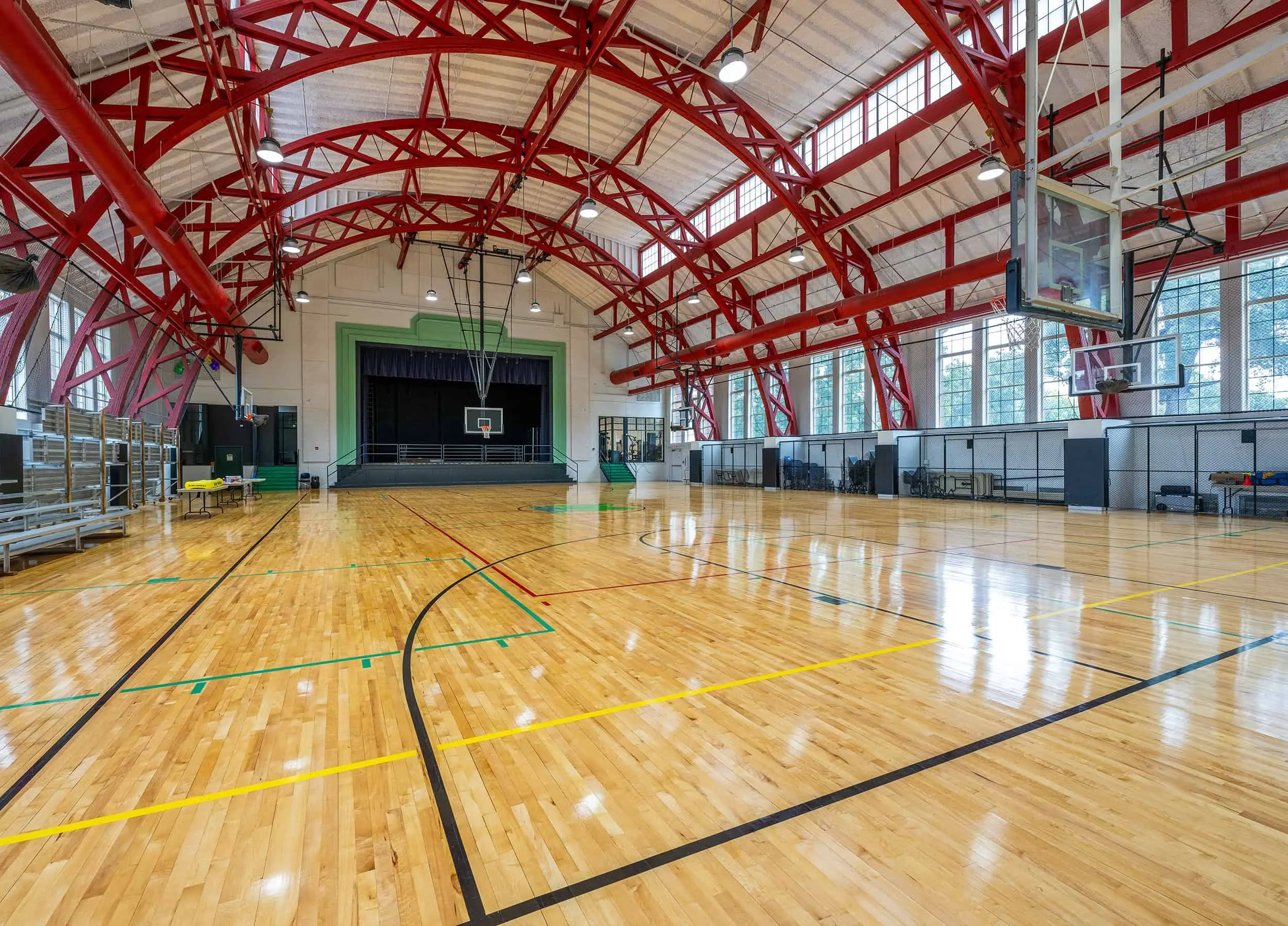 The gym from a corner, red arches overhead