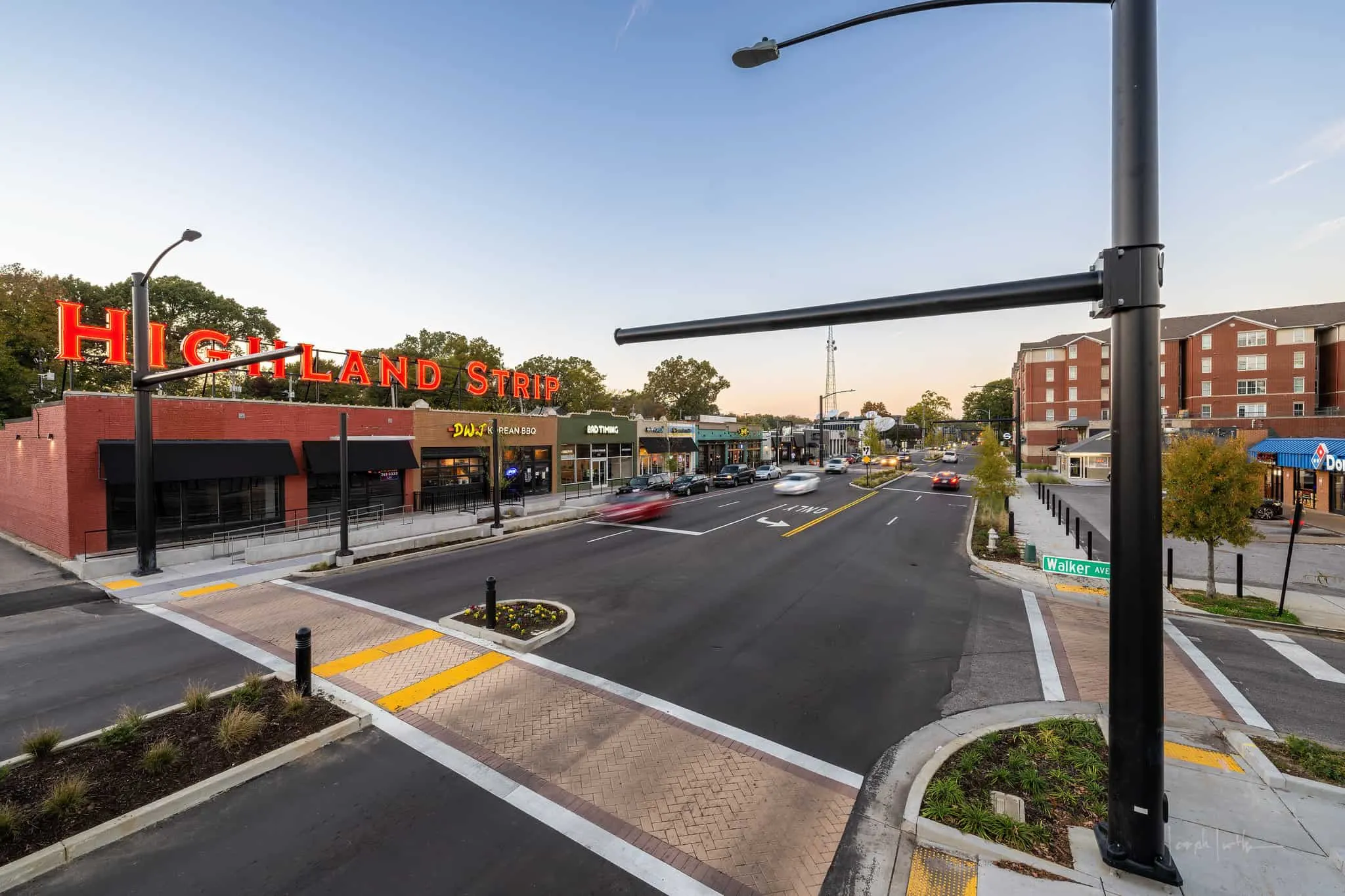 A new crosswalk and median at dusk