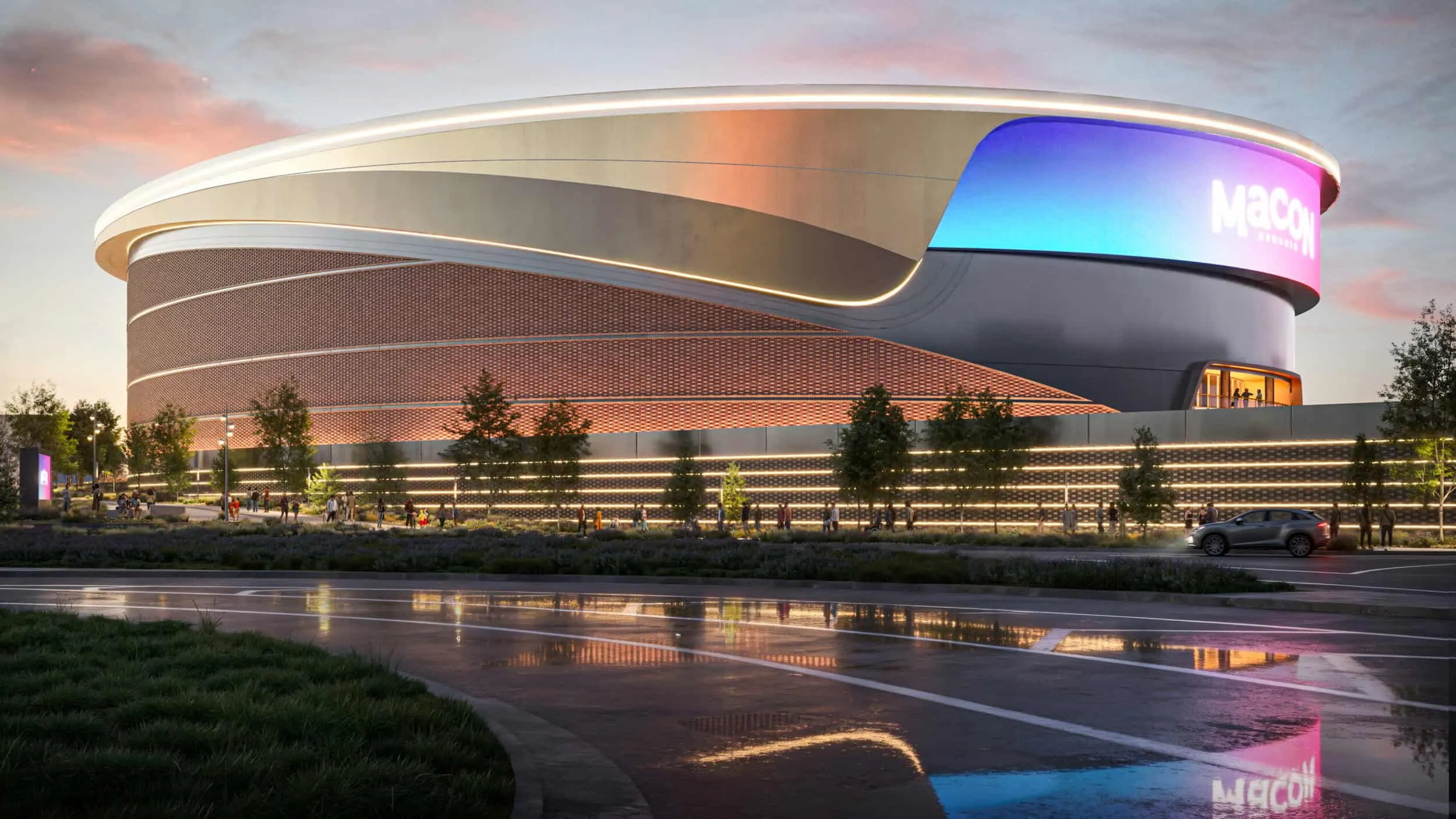 Rendering of the arena's curved facade reflected in a pool at dusk
