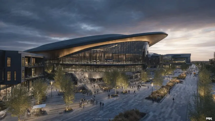 Rendering of the arena and a busy entry street at dusk