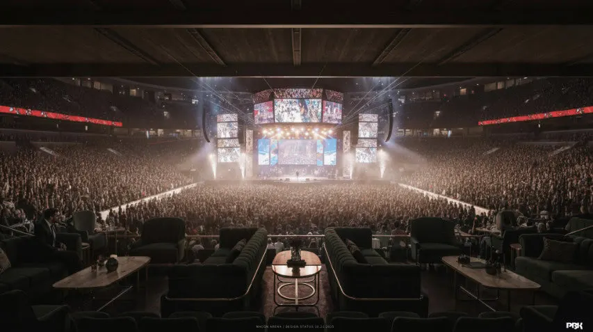 Rendering of the arena set for a stage show with floor tables