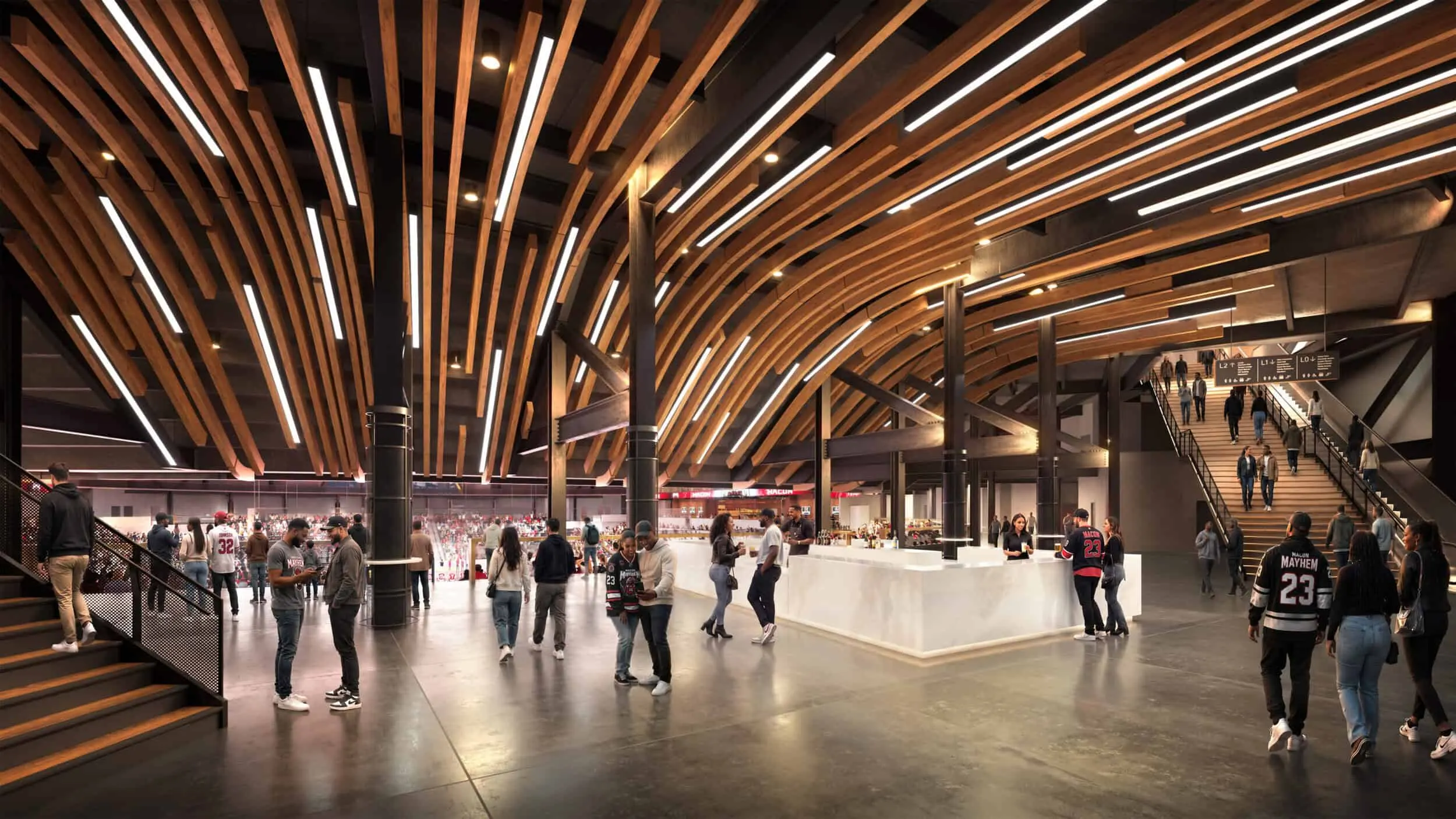 Rendering of the concourse under a sweeping timber slat ceiling