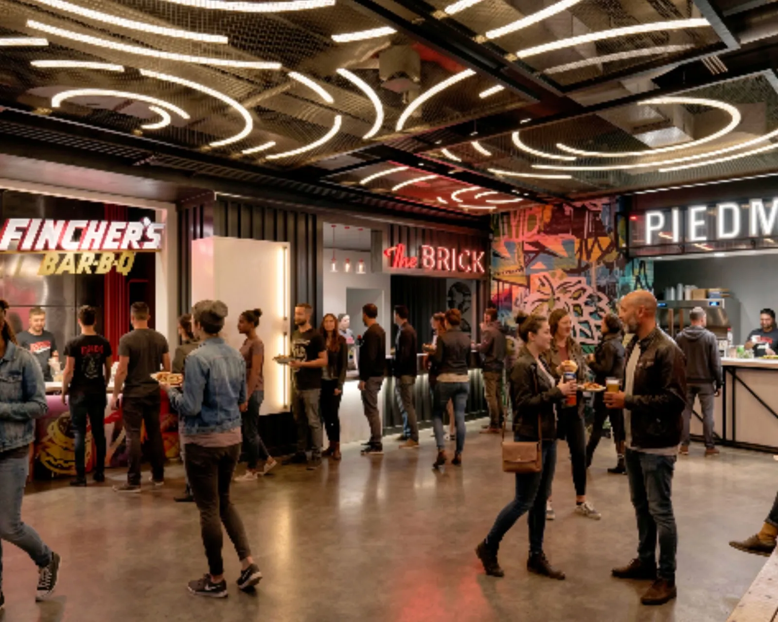 Rendering of a food hall with neon signage
