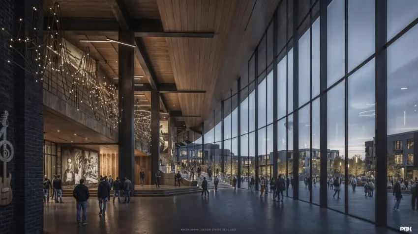 Rendering of a glass-walled lobby with a chandelier