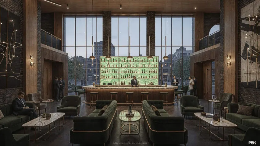 Rendering of a lounge bar with a green-lit back wall