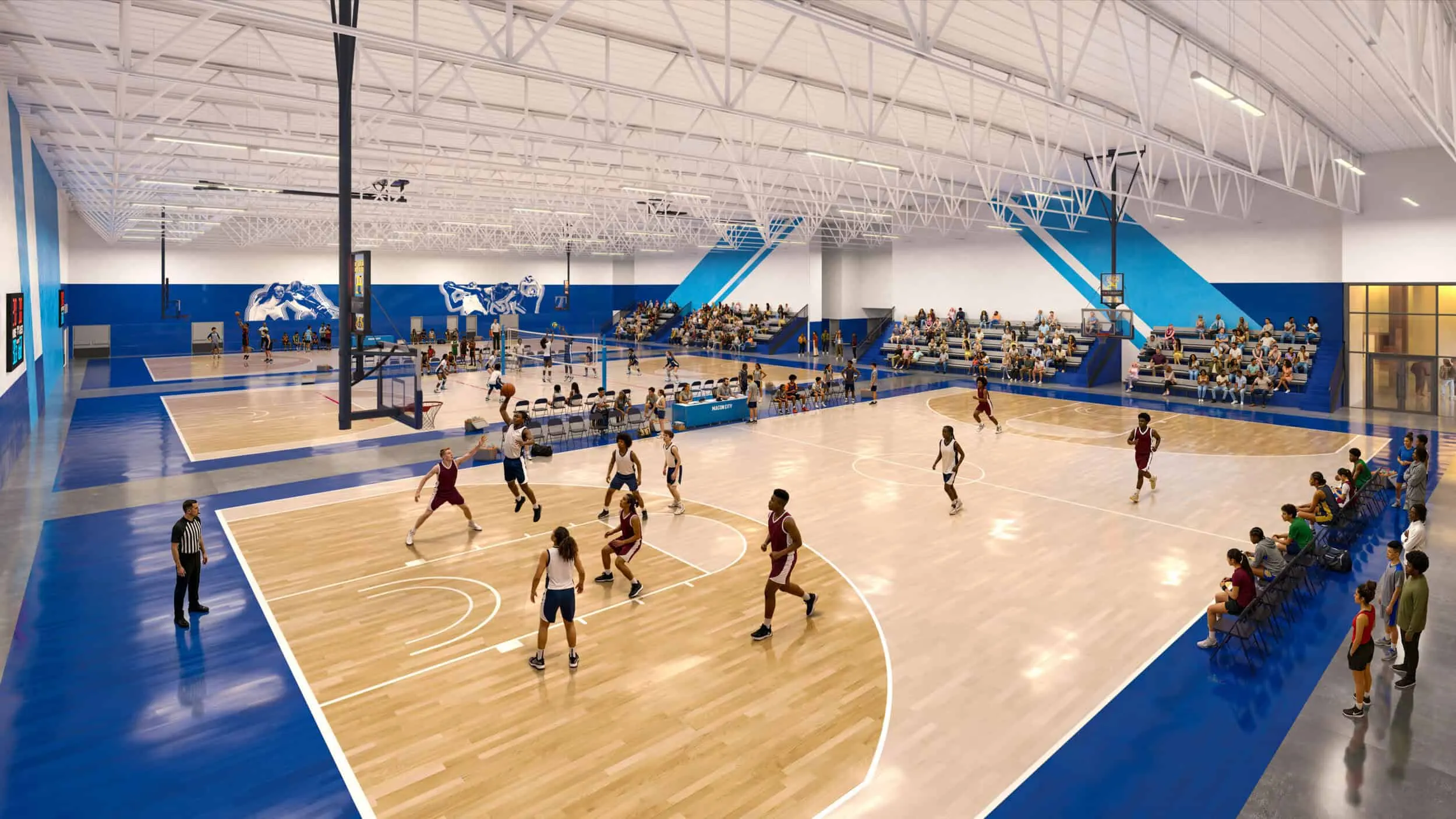 Rendering of a practice gym with youth basketball
