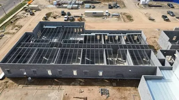 Aerial view of the classroom wing's steel frame
