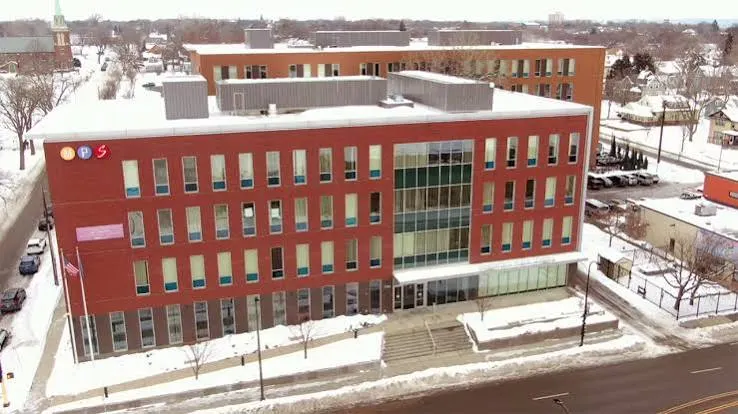 A school building from above in winter