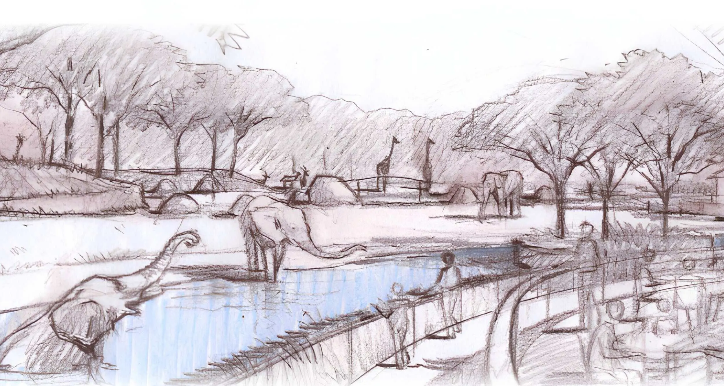 Concept sketch of elephants at a watering hole beside a viewing path
