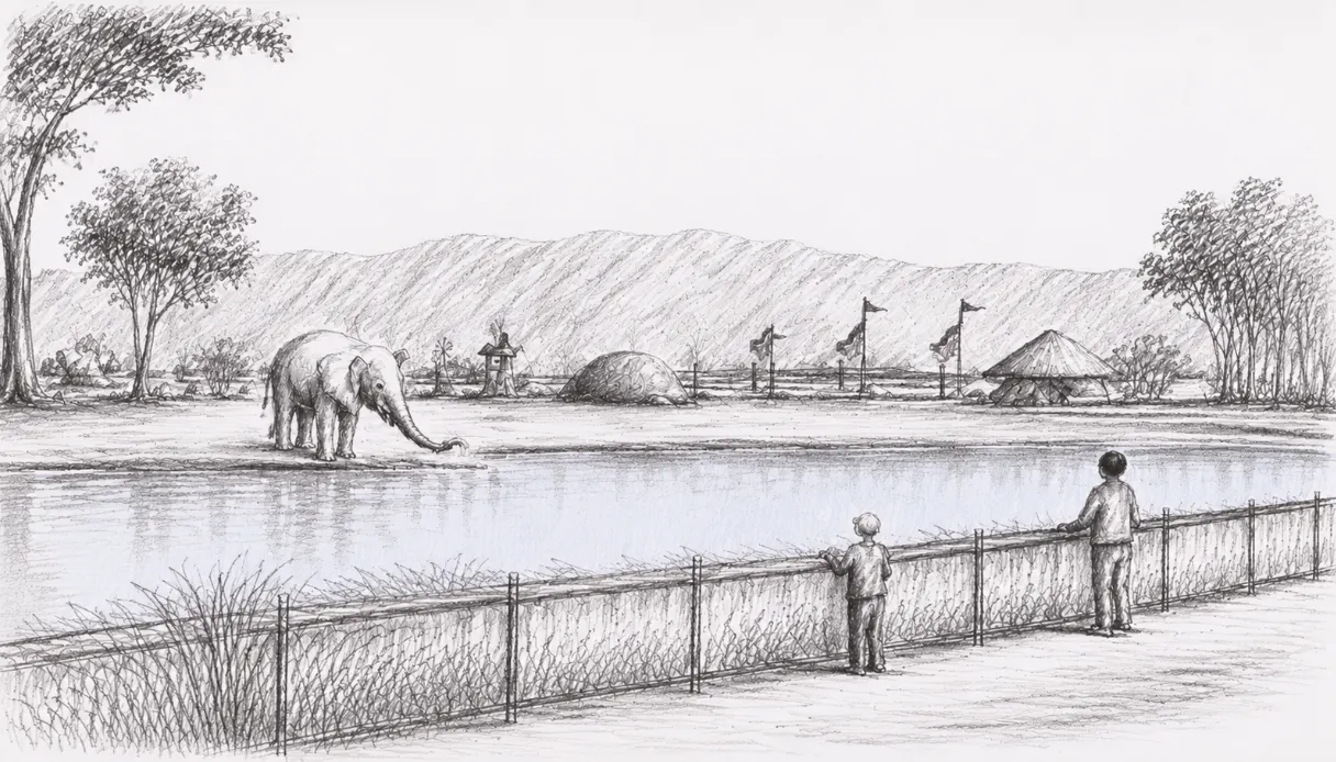Concept drawing of visitors watching elephants across the water