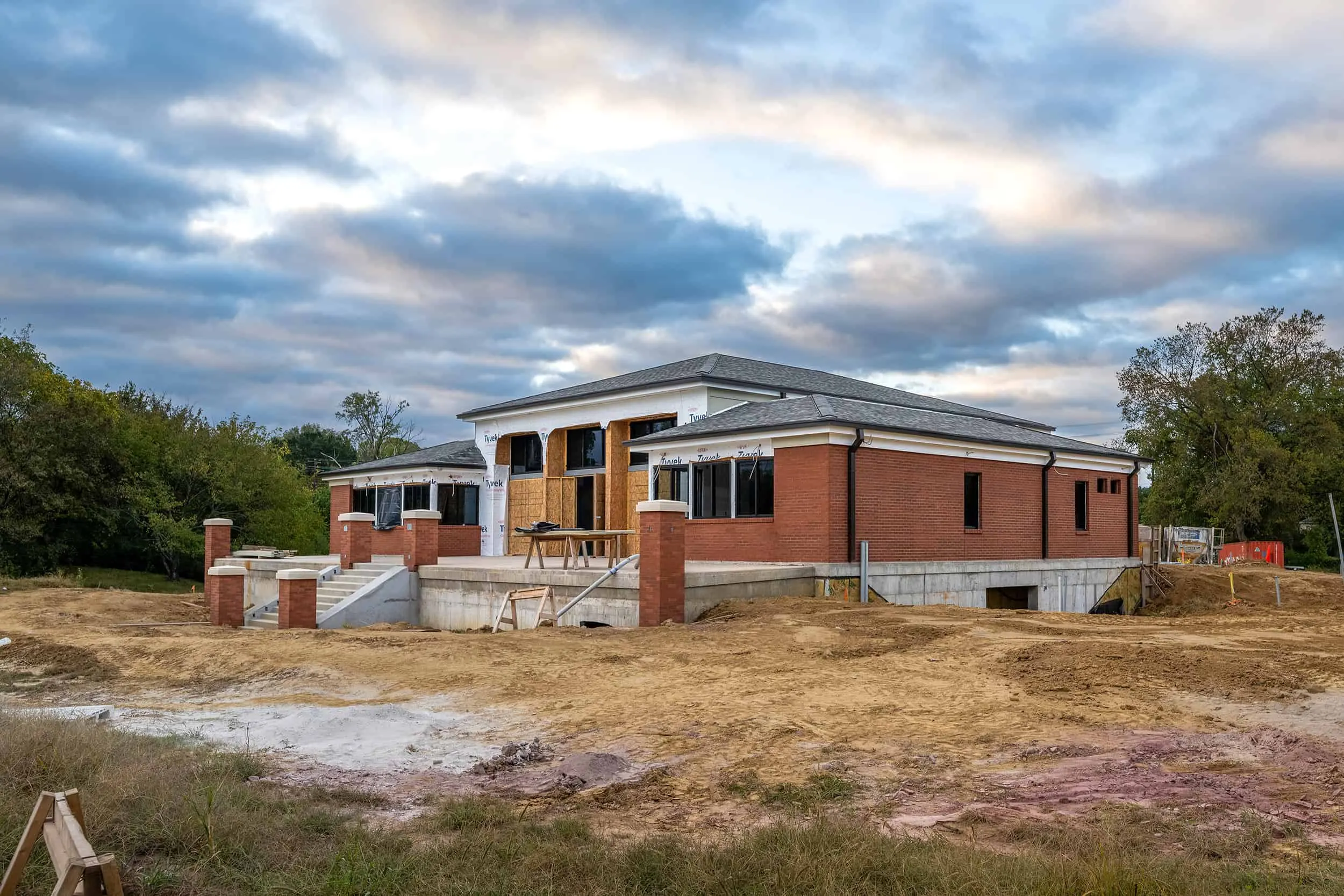 The clubhouse during construction, from the rear