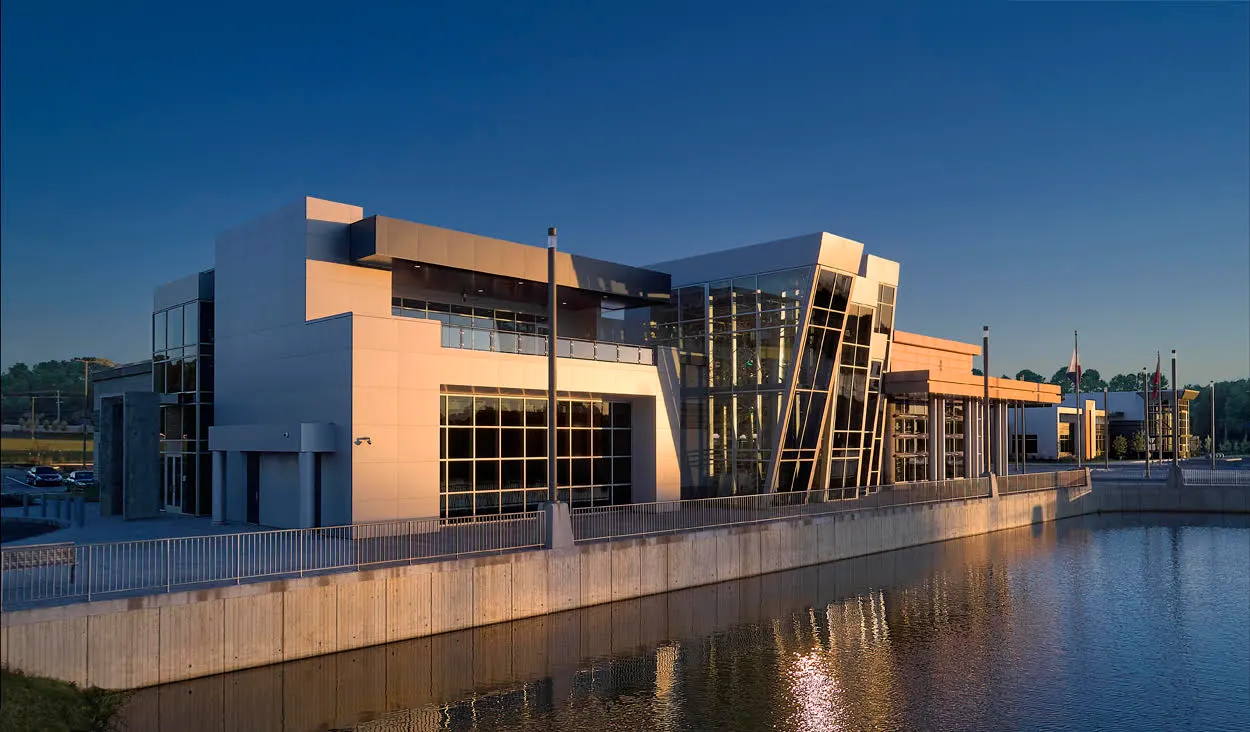 The library from across the lake at dusk