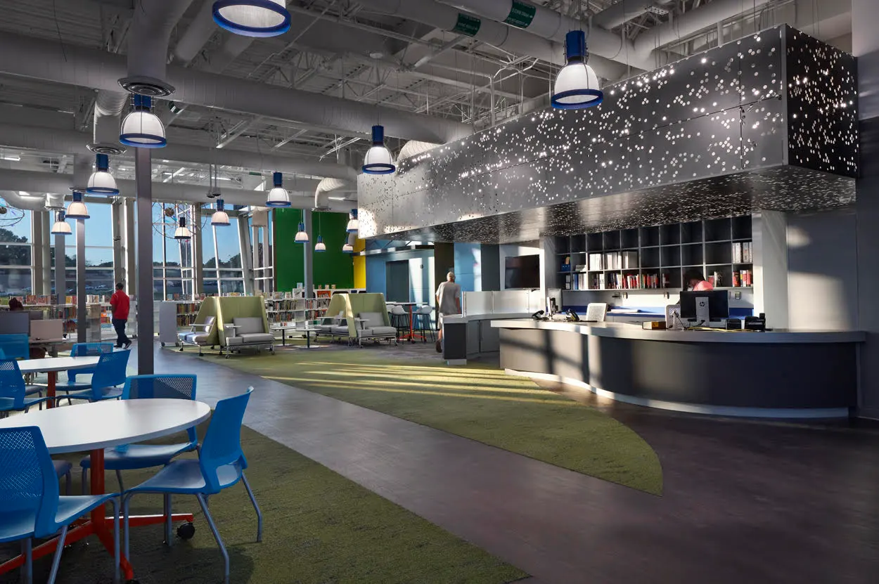 The main floor, with a starlit ceiling panel over the service desk