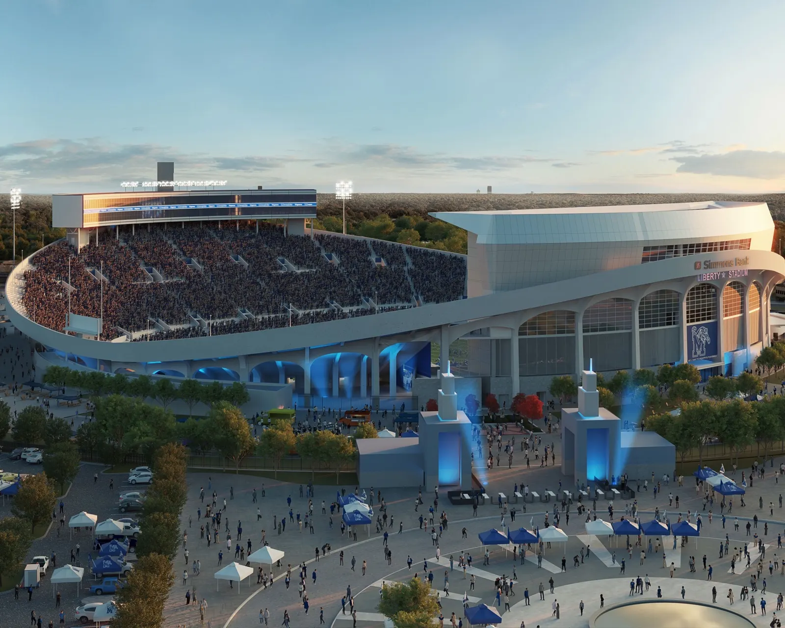 Rendering of the stadium bowl from above, crowds on the plaza