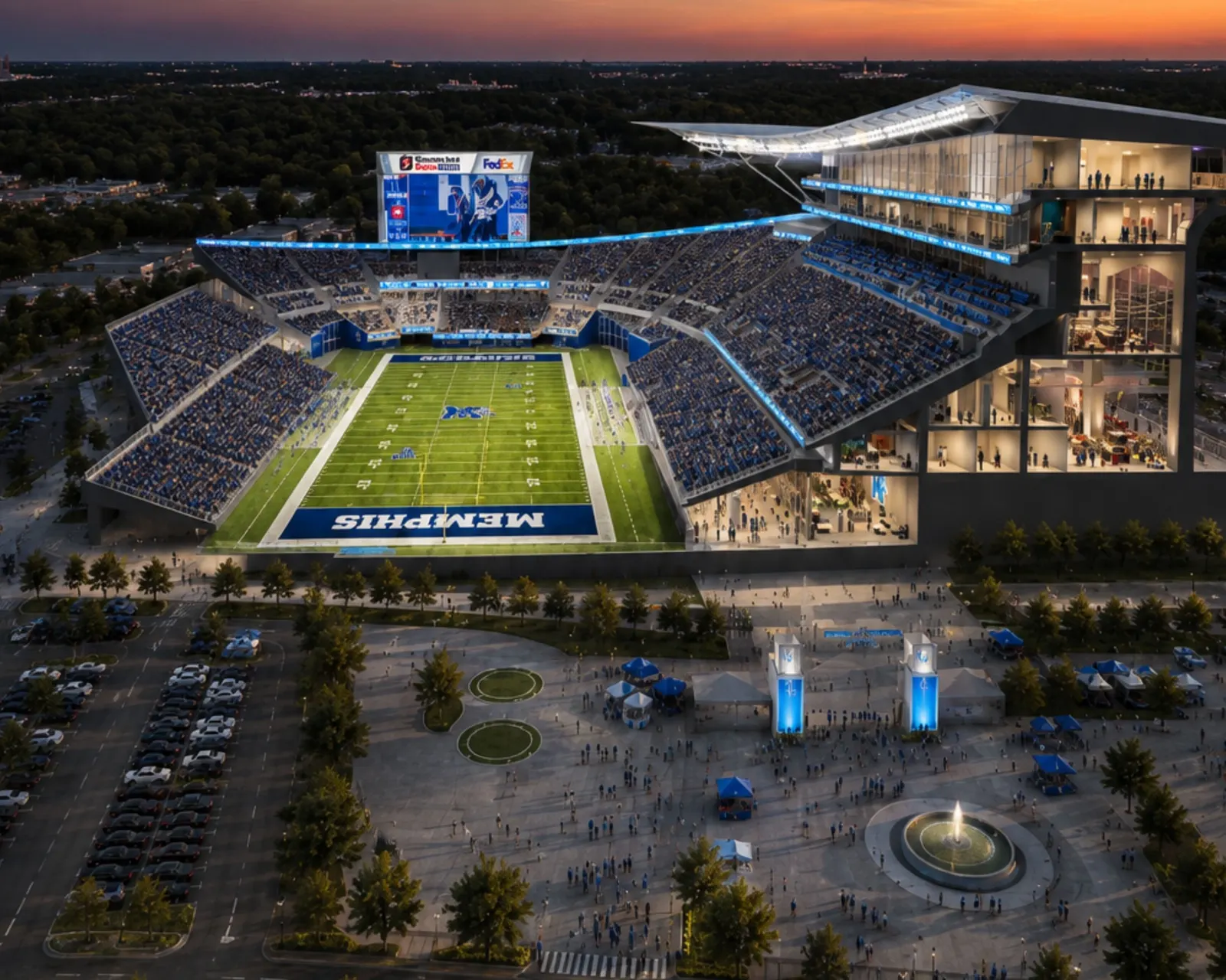 Aerial rendering of the stadium and grounds at dusk