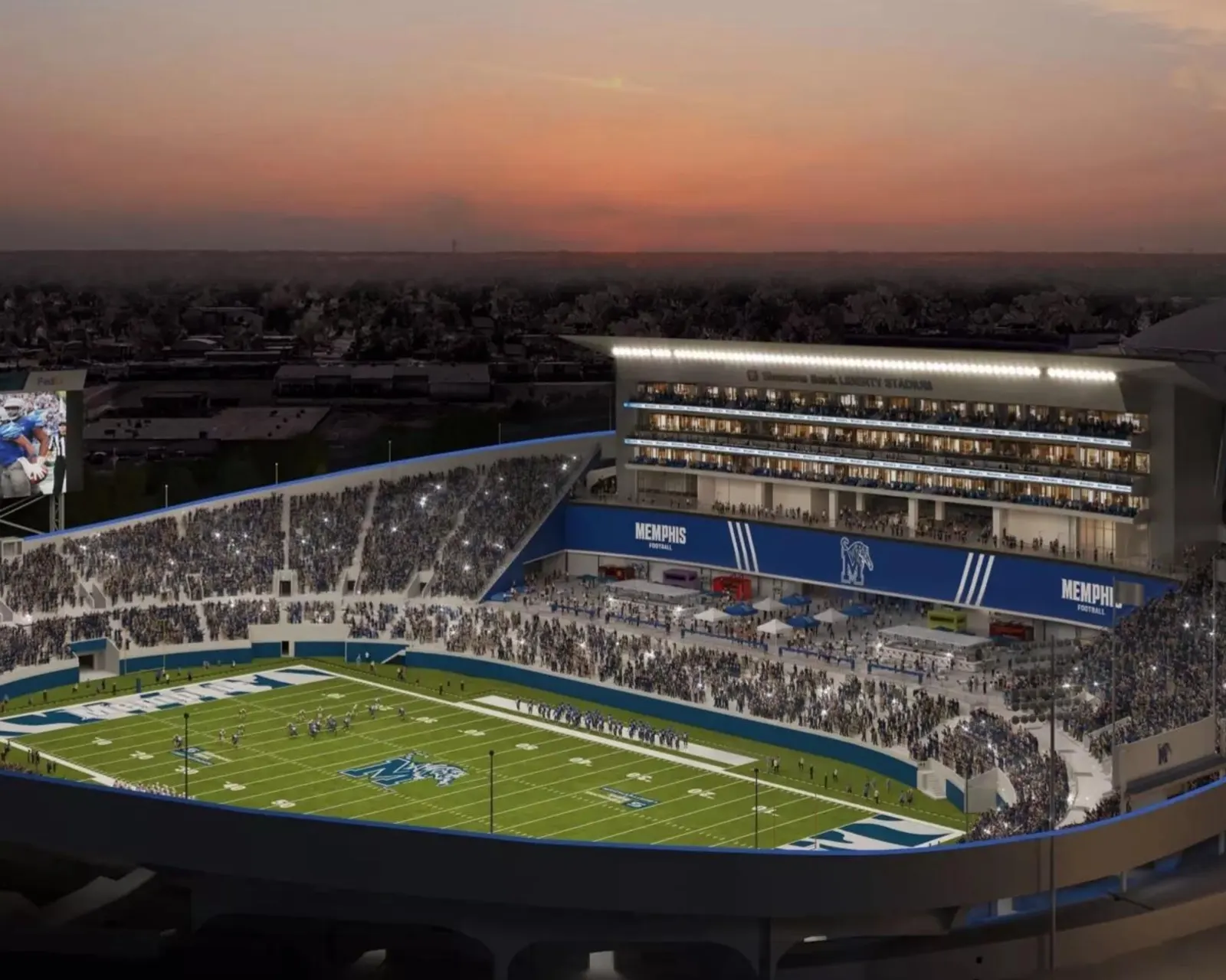 Rendering of the new west side tower over the field at sunset