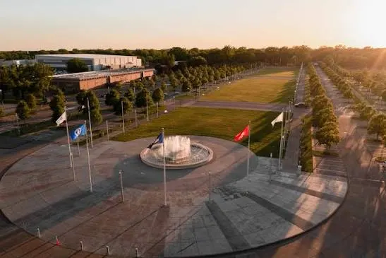 The flag plaza at the end of the lane