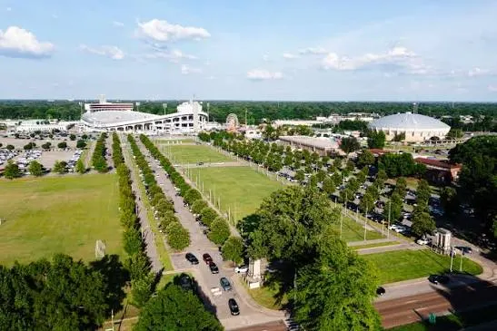 Aerial view down the tree-lined lane toward the stadium