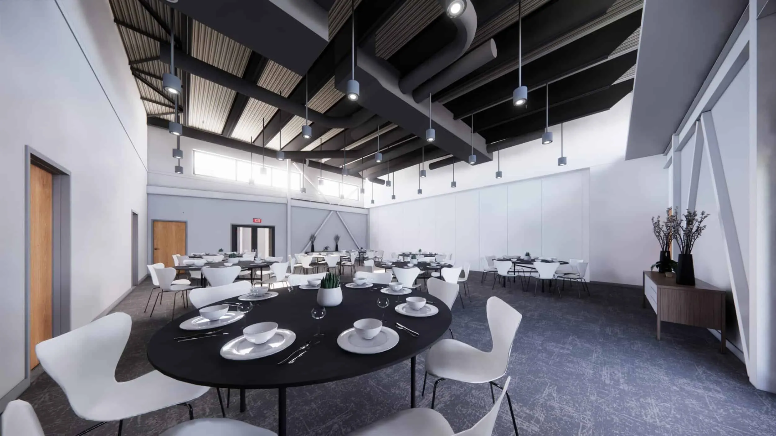 Rendering of the banquet hall set with round tables