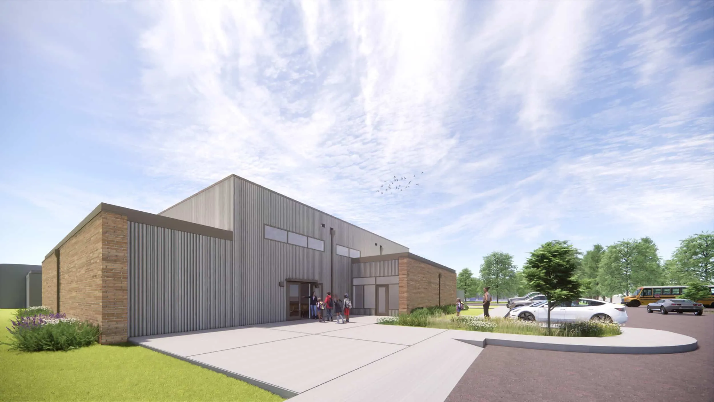 Rendering of the facility's brick and metal exterior