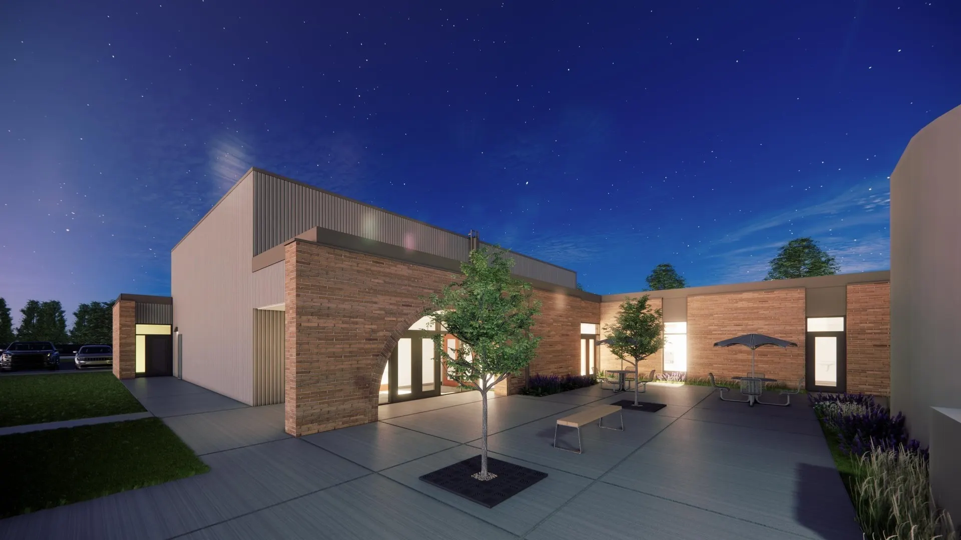 Rendering of the courtyard at night