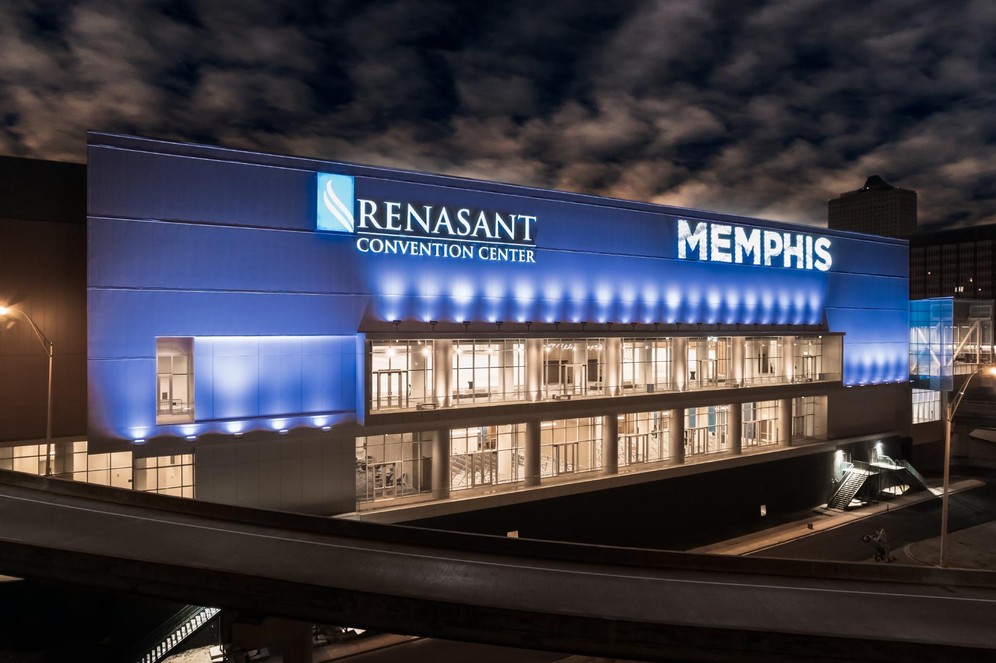 Front exterior Renasant Convention Center at night -- Credit to - Memphis Tourism